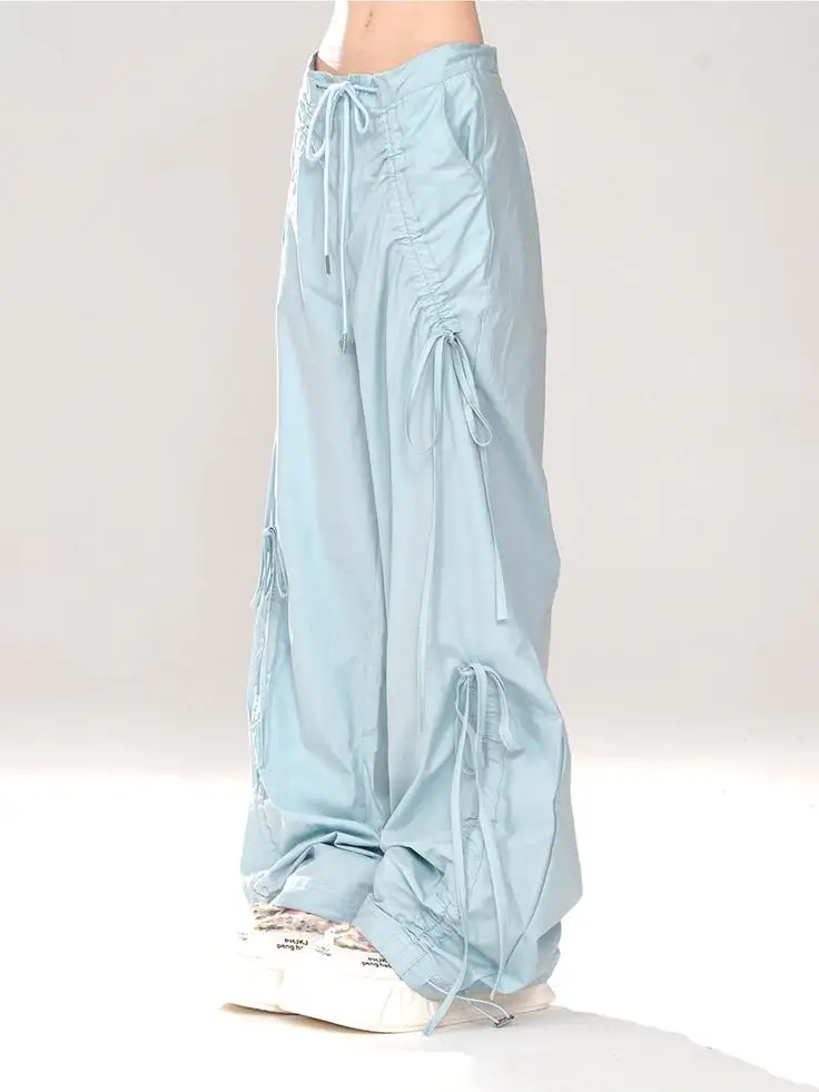 Asia Solid Color Pink Baggy Coquette Design Parachute Pants
